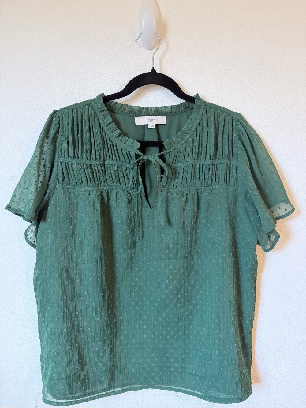 LOFT Forest Green Short-Sleeve Tie-Neck Blouse